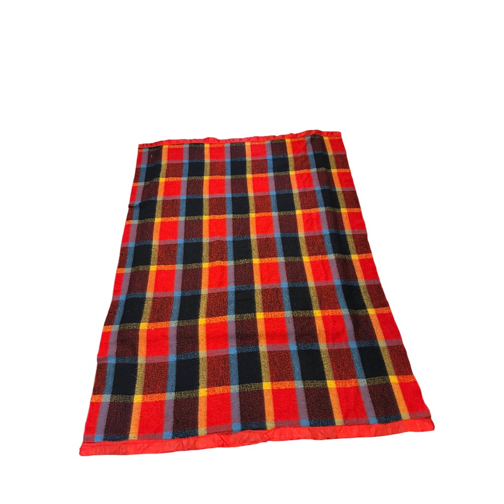 Vintage Wool Plaid Blanket Twin Size Red Yellow Blue Black Check Satin Trim